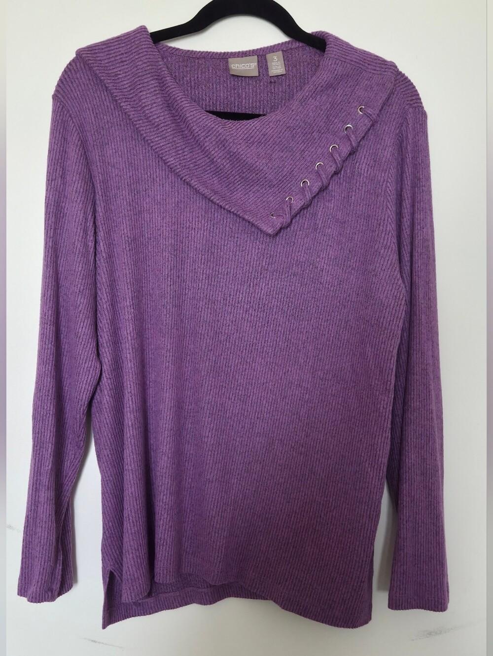 Chico's Purple Ribbed Asymmetrical Collar Sweater